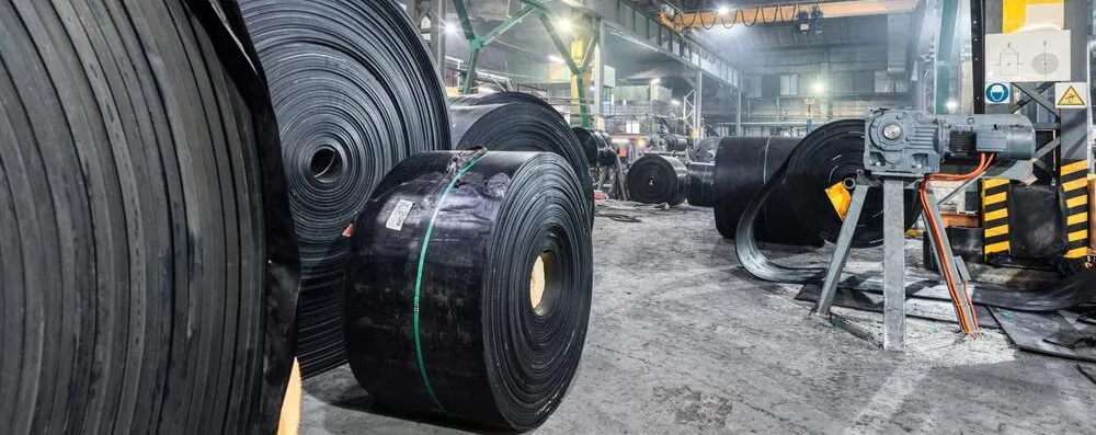 Large rolls of rubber conveyor belting in a factory