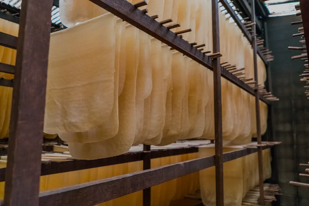 Pale rubber sheets hanging on a wooden drying rack
